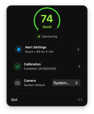 Flowease menu bar interface showing posture score